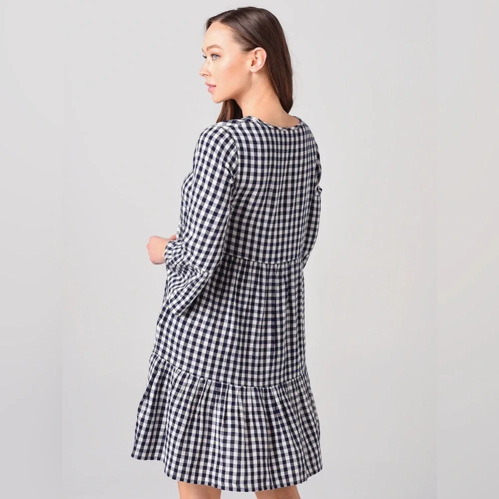 Hartford NWOT Rain Woven Dress, Blue Gingham, French Size 3 Large, Bell Sleeves - Picture 3 of 10